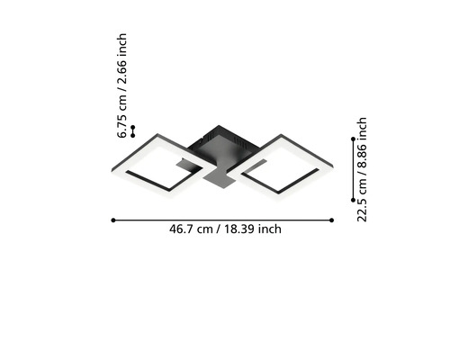 Plafonnier LED avec deux cadres carrés, dimensions 46,7 centimètres de large, 22,5 centimètres de profondeur et 6,75 centimètres de haut.