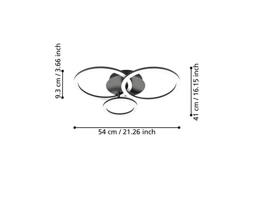 Plafonnier LED à trois anneaux, dimensions : largeur 54 centimètres, profondeur 41 centimètres, hauteur 9,3 centimètres.