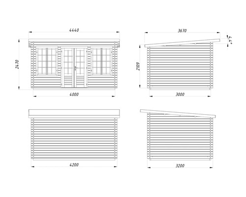 Dessin technique d'un abri de jardin avec toit en appentis, dimensions pour la largeur, la profondeur et la hauteur, porte double et fenêtres.