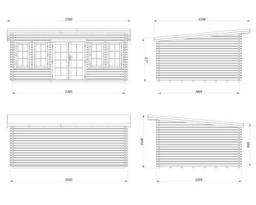 Technische Zeichnung eines Gartenhauses mit Pultdach, Vorderansicht, Rückansicht und Seitenansichten mit Massangaben in Millimeter.