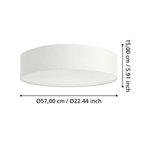 Plafonnier rond avec dimensions: diamètre 57 centimètres et hauteur 15 centimètres.