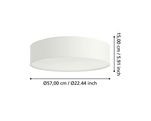 Plafonnier rond avec dimensions: diamètre 57 centimètres et hauteur 15 centimètres.