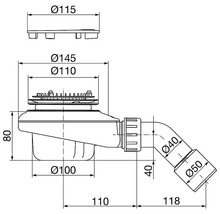 Masszeichnung eines Duschablaufs mit Massen in Millimeter: Deckeldurchmesser 115, Bauhöhe 80, Ablaufdurchmesser 40 und 50.