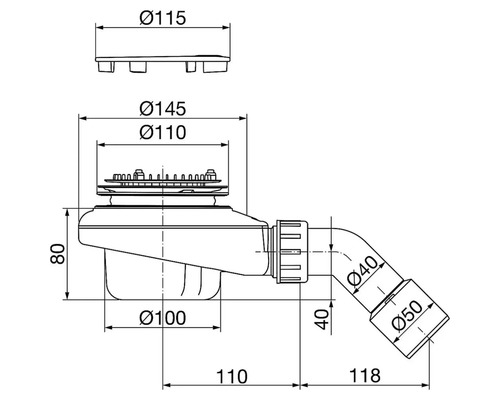 Masszeichnung eines Duschablaufs mit Massen in Millimeter: Deckeldurchmesser 115, Bauhöhe 80, Ablaufdurchmesser 40 und 50.