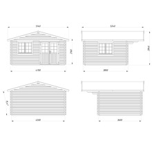 Plan technique d un abri de jardin en bois avec dimensions détaillées des vues de face, de côté et arrière.