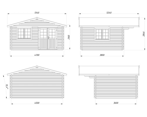 Plan technique d un abri de jardin en bois avec dimensions détaillées des vues de face, de côté et arrière.