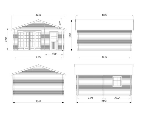 Plan technique d'un abri de jardin en bois avec vues de face, de dos et de côté, incluant les dimensions en millimètres.