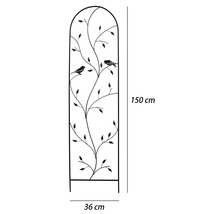 Treillage en métal avec décor de feuilles et d'oiseaux, 150 sur 36 centimètres.