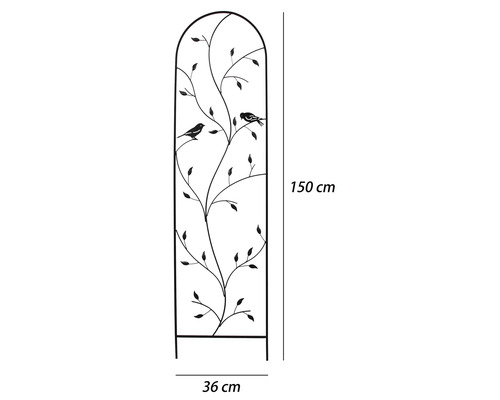 Treillage en métal avec décor de feuilles et d'oiseaux, 150 sur 36 centimètres.