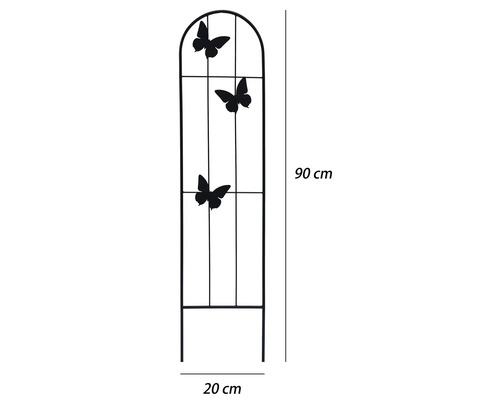 Support pour plantes grimpantes en métal avec décor de papillons, forme d'arche, hauteur 90 centimètres, largeur 20 centimètres.