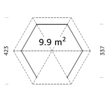 Plan d'un abri de jardin hexagonal de 9,9 mètres carrés avec des dimensions de 423 sur 337 centimètres.