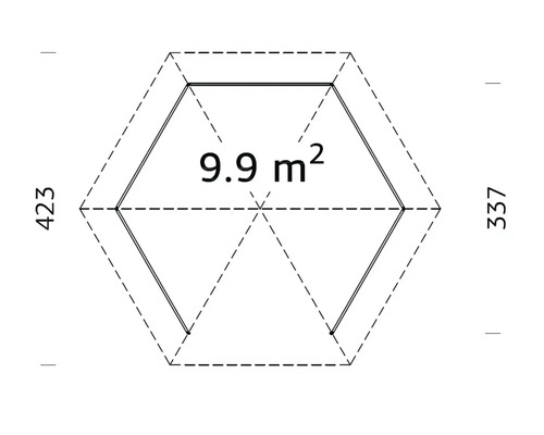 Plan d'un abri de jardin hexagonal de 9,9 mètres carrés avec des dimensions de 423 sur 337 centimètres.