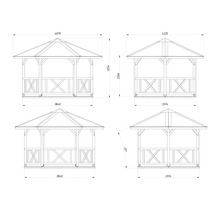 Dessin technique d'un pavillon de jardin avec balustrade et toit en croupe, incluant les dimensions et une pente de toit de 25 degrés.