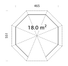 Technischer Grundriss eines achteckigen Gartenhauses mit Maßen 465 mal 551 und einer Fläche von 18,0 Quadratmetern.