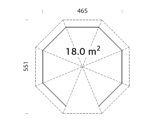 Technischer Grundriss eines achteckigen Gartenhauses mit Maßen 465 mal 551 und einer Fläche von 18,0 Quadratmetern.