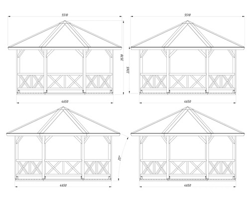 Technische Zeichnung eines Gartenpavillons mit Massangaben für Breite, Tiefe und Höhe in Millimetern sowie Dachneigung von 25 Grad.