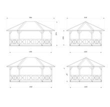 Dessin technique d'un pavillon de jardin en bois avec des dimensions détaillées en millimètres et une pente de toit de 25 degrés.