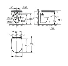 Technische Zeichnung für ein Wand-WC mit genauen Massangaben in Millimetern für die Montage.