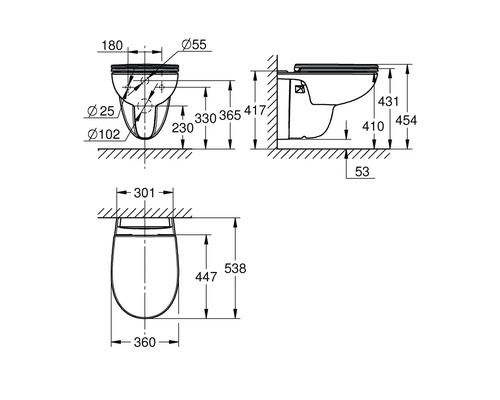 Technische Zeichnung für ein Wand-WC mit genauen Massangaben in Millimetern für die Montage.