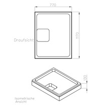 Technische Zeichnung einer rechteckigen Duschwanne mit Draufsicht und isometrischer Ansicht, Maße 770 mal 1170 mal 130 Millimeter.
