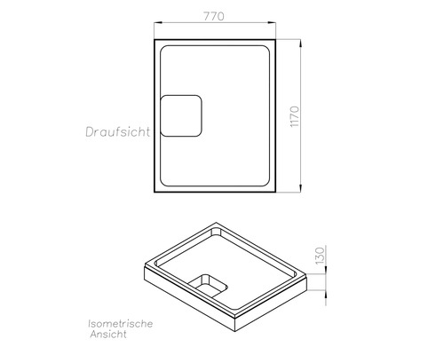 Technische Zeichnung einer rechteckigen Duschwanne mit Draufsicht und isometrischer Ansicht, Maße 770 mal 1170 mal 130 Millimeter.