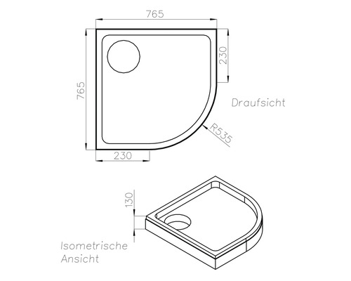 Masszeichnung einer Viertelkreis-Duschwanne mit Draufsicht und isometrischer Ansicht. Abmessungen 765 mal 765, Höhe 130.