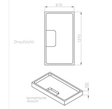 Technische Zeichnung einer rechteckigen Duschwanne in Draufsicht und isometrischer Ansicht mit den Maßen 670 mal 1370 mal 130 Millimeter.