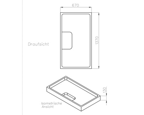 Technische Zeichnung einer rechteckigen Duschwanne in Draufsicht und isometrischer Ansicht mit den Maßen 670 mal 1370 mal 130 Millimeter.