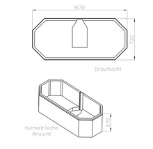 Technische Zeichnung eines achteckigen Beckens. Die Draufsicht zeigt Maße von 1670 mal 720, die isometrische Ansicht eine Höhe von 570.