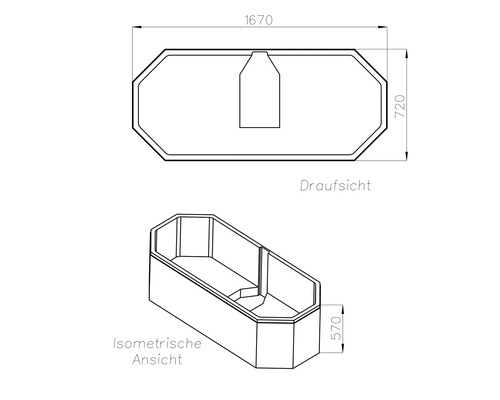 Technische Zeichnung eines achteckigen Beckens. Die Draufsicht zeigt Maße von 1670 mal 720, die isometrische Ansicht eine Höhe von 570.
