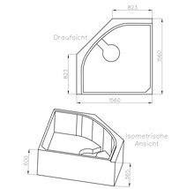 Masszeichnung einer Eckbadewanne mit Draufsicht und isometrischer Ansicht, 1560 mal 1560 Millimeter.