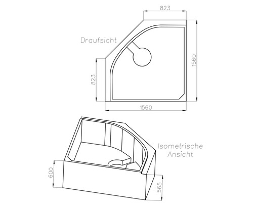 Masszeichnung einer Eckbadewanne mit Draufsicht und isometrischer Ansicht, 1560 mal 1560 Millimeter.