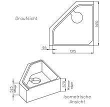 Technische Zeichnung einer Eckbadewanne mit Massen in Millimetern. Draufsicht und isometrische Ansicht mit Wannenträger.