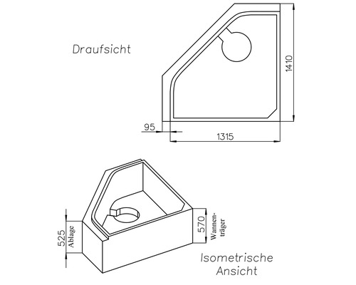 Technische Zeichnung einer Eckbadewanne mit Massen in Millimetern. Draufsicht und isometrische Ansicht mit Wannenträger.