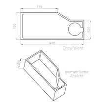 Masszeichnung einer asymmetrischen Badewanne in Draufsicht und isometrischer Ansicht mit Abmessungen in Millimetern.