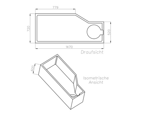 Masszeichnung einer asymmetrischen Badewanne in Draufsicht und isometrischer Ansicht mit Abmessungen in Millimetern.
