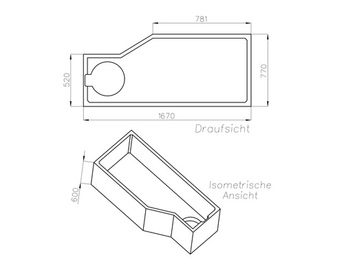 Technische Zeichnung einer asymmetrischen Badewanne mit Draufsicht und isometrischer Ansicht, Maße 1670 mal 770 Millimeter, Tiefe 600 Millimeter.