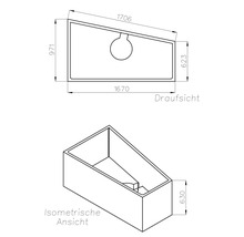 Masszeichnung einer asymmetrischen Badewanne mit Draufsicht und isometrischer Ansicht, inklusive Massangaben in Millimetern.