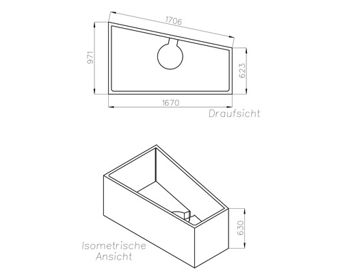 Masszeichnung einer asymmetrischen Badewanne mit Draufsicht und isometrischer Ansicht, inklusive Massangaben in Millimetern.