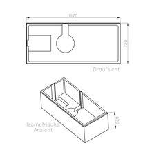 Technische Zeichnung einer rechteckigen Badewanne, Draufsicht und isometrische Ansicht, Masse 1670 mal 720 mal 620 Millimeter.