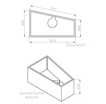 Maßzeichnung einer asymmetrischen Badewanne mit Draufsicht, isometrischer Ansicht und Maßangaben in Millimetern.