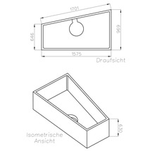 Technische Zeichnung einer asymmetrischen Badewanne mit Massangaben in der Draufsicht und isometrischen Ansicht.