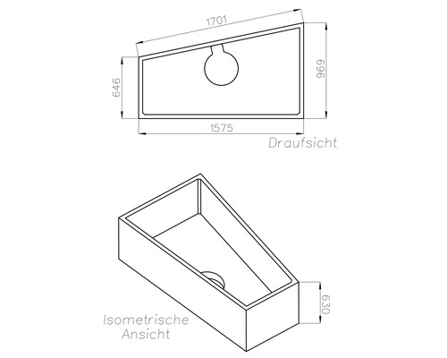 Technische Zeichnung einer asymmetrischen Badewanne mit Massangaben in der Draufsicht und isometrischen Ansicht.