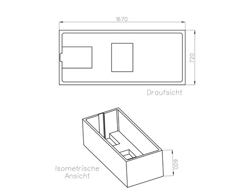 Technische Zeichnung einer rechteckigen Badewanne mit Draufsicht und isometrischer Ansicht, Maße 1670 mal 720 mal 600.