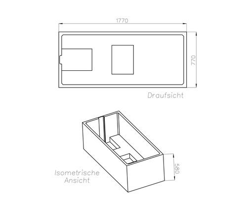 Technische Zeichnung einer rechteckigen Wanne mit Draufsicht und isometrischer Ansicht, Maße 1770 mal 770 mal 580 Millimeter.