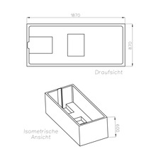 Masszeichnung einer rechteckigen Badewanne mit Draufsicht und isometrischer Ansicht, Masse: 1870 mal 870 mal 600 Millimeter.