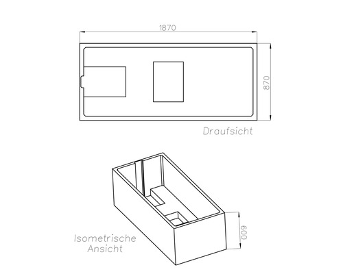 Masszeichnung einer rechteckigen Badewanne mit Draufsicht und isometrischer Ansicht, Masse: 1870 mal 870 mal 600 Millimeter.