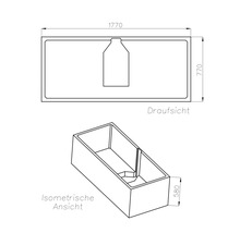 Technische Zeichnung einer rechteckigen Badewanne in Draufsicht und isometrischer Ansicht, Masse 1770 mal 770 mal 580 Millimeter.