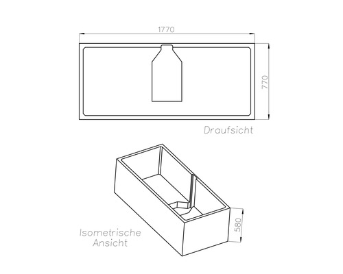 Technische Zeichnung einer rechteckigen Badewanne in Draufsicht und isometrischer Ansicht, Masse 1770 mal 770 mal 580 Millimeter.