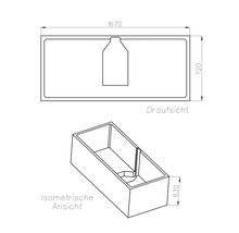 Technische Zeichnung eines rechteckigen Pflanzkastens mit Draufsicht und isometrischer Ansicht. Masse 1670 mal 720 mal 630 Millimeter.